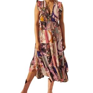 Anthropologie Ruffled Patchwork MIDI Floral Dress Cottage Coastal Grandma in 12